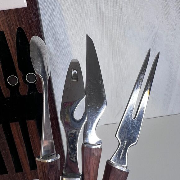 VTG 4 Piece Bar Ware Tool Set Hanging Magnetic Mid Century Modern Wood Tile - Picture 6 of 16